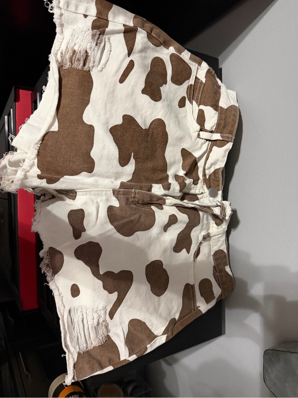 BiBi Brown and White Cow Print High-Waist Distressed Shorts